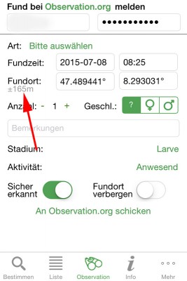 Abweichung/Genauigkeit der Koordinaten im Orthoptera-App. Eine Genauigkeit von 5-30 m sind ideal.